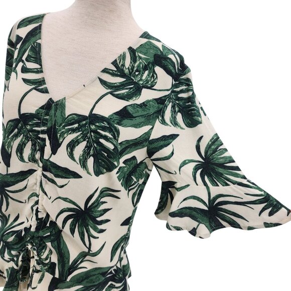 NEW H&M Womens 4 Top Tropical Leaf Ivory Green Bell Sleeve V-Neck Boho Party - Picture 3 of 10